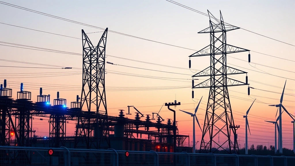 Photorealistic image of industrial infrastructure including power transmission towers and electrical substations at dusk, modern renewable energy wind turbines in background, secure facility fencing and security measures visible, blue and amber warning lights on equipment, critical infrastructure protection concept