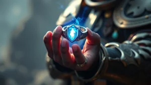 Glowing magical ring with protective blue aura hovering over armored fantasy warrior's hand, realistic fantasy setting, professional lighting