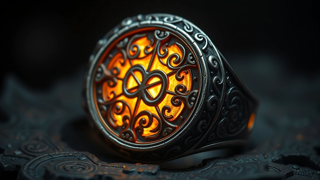 Close-up of ornate protective ring with intricate magical runes glowing softly, detailed craftsmanship, dark mystical background, photorealistic