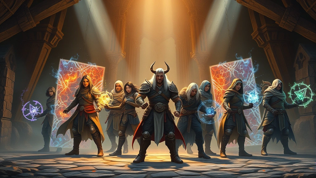 Fantasy adventurer party standing in defensive formation, magical protective barriers visible around characters, dramatic dungeon lighting, photorealistic illustration