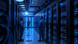 Professional data center with multiple server racks, glowing blue network cables, technicians in blue uniforms monitoring 5G infrastructure equipment, circuit patterns visible on equipment panels, modern cybersecurity monitoring displays in background