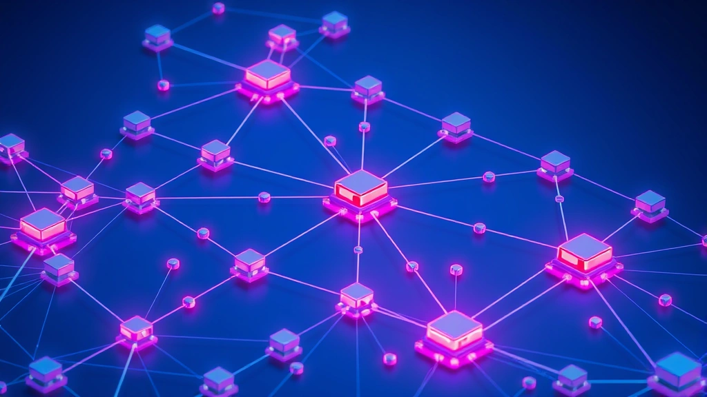 Isometric illustration style 3D visualization of interconnected network nodes, glowing connection lines between nodes representing data flow, some nodes highlighted in red for security monitoring, blue and purple color scheme, no text overlay