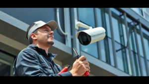 Professional technician installing sleek 5G security camera on modern building exterior, holding installation tools, focused expression, daylight, urban environment with visible network infrastructure