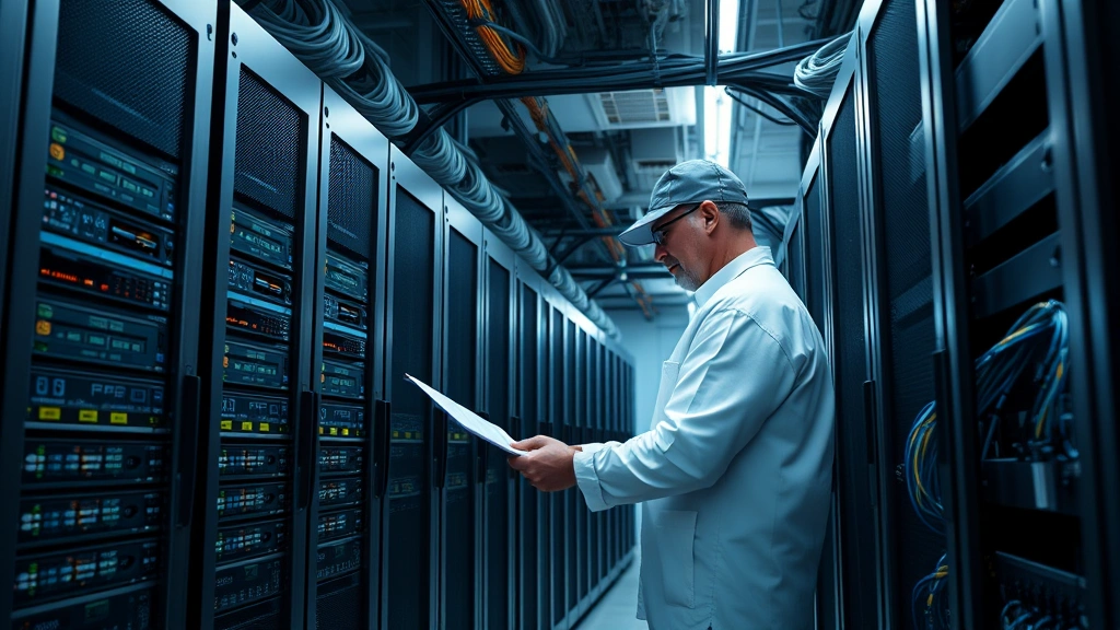 Secure data center with rows of server equipment, network cables, and security hardware, technician performing maintenance, professional infrastructure environment showing secure storage and encryption systems
