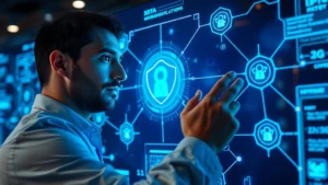 Professional cybersecurity analyst examining holographic 5G network security dashboard with glowing blue connectivity nodes and protection symbols in modern tech environment