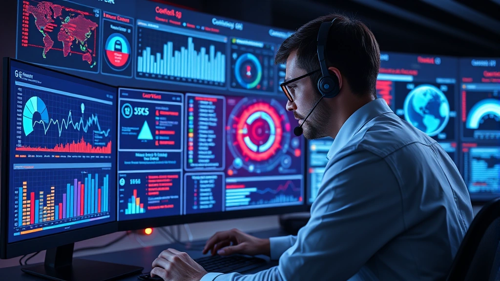 Professional cybersecurity analyst monitoring 5G network security dashboard with holographic data visualizations and threat detection indicators in modern command center environment