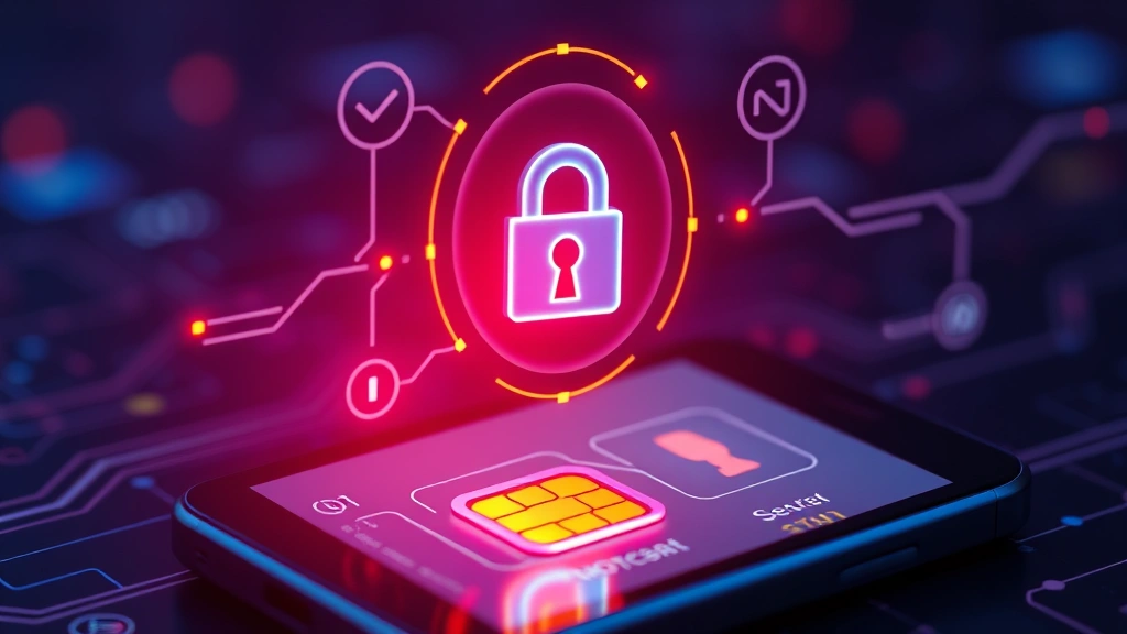 Secure mobile device with digital lock shield and encryption symbols, showing protected SIM card authentication technology with glowing security indicators