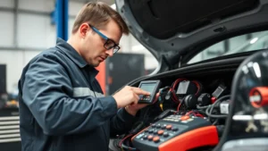 Professional automotive security technician examining vehicle's electronic control unit and security system components in a modern workshop environment with diagnostic equipment