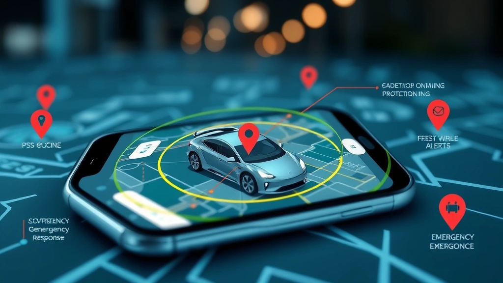 GPS tracking and geofencing visualization showing vehicle location protection zone on modern smartphone screen with security alerts and emergency response features
