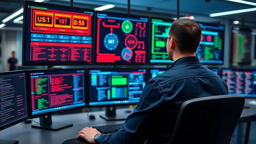 Cybersecurity professional monitoring network security dashboard with multiple screens displaying threat detection systems and data protection interfaces in modern tech environment