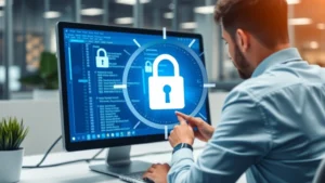 Cybersecurity professional encrypting sensitive files on desktop computer with padlock icon overlay, blue and silver color scheme, modern office environment, photorealistic, no text or code visible