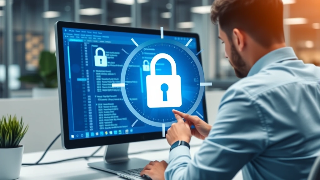 Cybersecurity professional encrypting sensitive files on desktop computer with padlock icon overlay, blue and silver color scheme, modern office environment, photorealistic, no text or code visible
