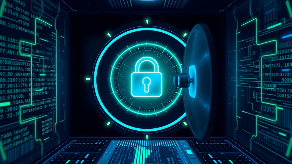 Digital vault concept with encrypted data streams and security shield, abstract blue and green light patterns representing encryption algorithms, cybersecurity visualization, no terminal windows or code