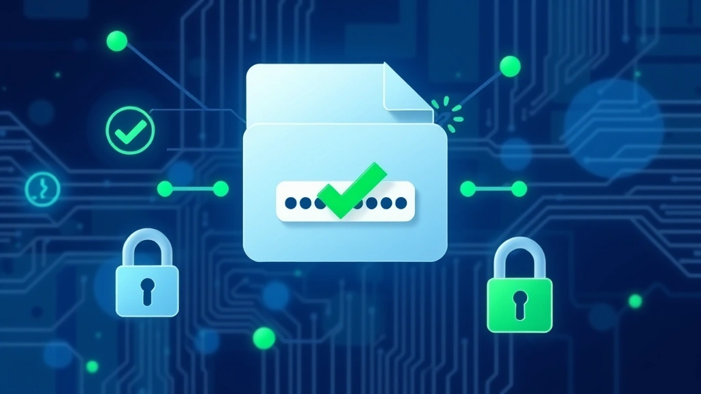 Secure file transfer illustration showing password-protected archive with checkmark verification, green security indicators and lock symbols, modern cybersecurity interface aesthetic, photorealistic style, no visible text