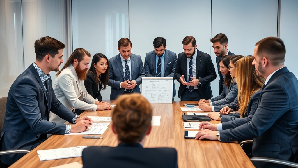 Diverse group of security professionals in business attire collaborating around conference table during incident response planning meeting, showing teamwork and professional environment