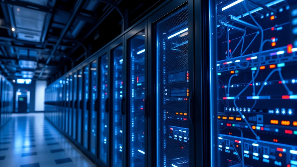 Network security infrastructure with illuminated server racks and connectivity nodes in data center, representing secure systems and critical infrastructure protection