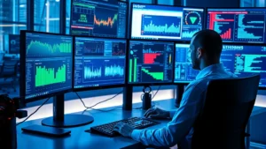 Modern cybersecurity professional at computer workstation with multiple monitors displaying security dashboards and threat intelligence data