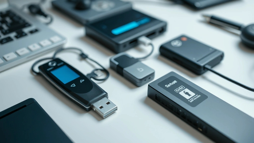 Close-up of security hardware including USB keys, authenticator devices, and encrypted storage drives on professional desk