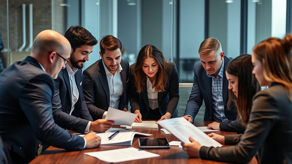 Diverse team members in business casual attire reviewing security policies and training materials during collaborative meeting