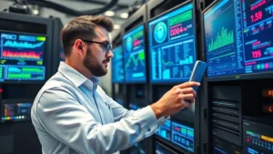Professional IT security specialist in data center examining network infrastructure with multiple servers and monitoring displays showing real-time security metrics