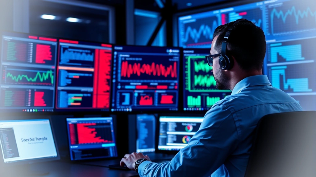 Network security analyst reviewing vulnerability scan results on multiple monitors in a modern security operations center with cybersecurity dashboards