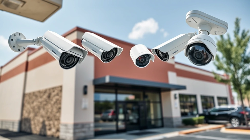 Professional security camera installation on commercial building exterior, showing multiple camera angles covering parking area and entrance, daylight with clear sky