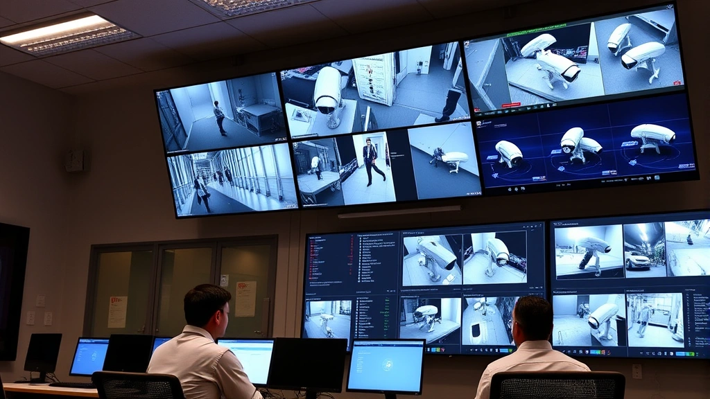Modern security operations center with wall-mounted display screens showing live camera feeds from multiple angles, security personnel monitoring dashboard with alert indicators