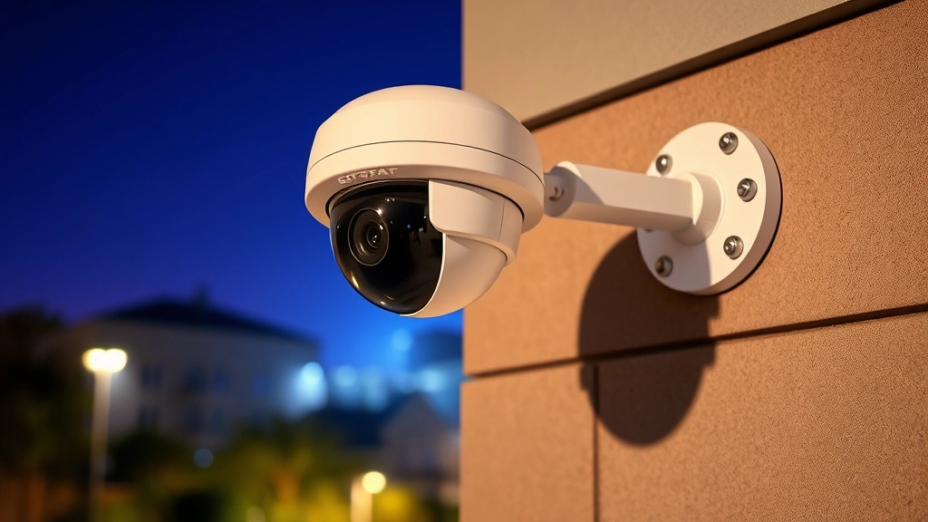 Advanced surveillance camera dome mounted on building corner with night vision active, demonstrating coverage of perimeter area with clear field of view