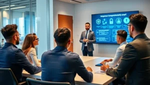 Professional diverse team in modern office attending cybersecurity training session with instructor presenting on large screen displaying security concepts and threat prevention strategies