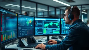 Professional cybersecurity analyst reviewing threat intelligence on multiple monitors in modern office environment, focused concentration, digital security dashboard visible