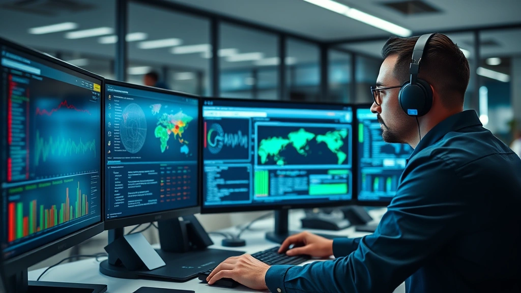 Professional cybersecurity analyst reviewing threat intelligence on multiple monitors in modern office environment, focused concentration, digital security dashboard visible