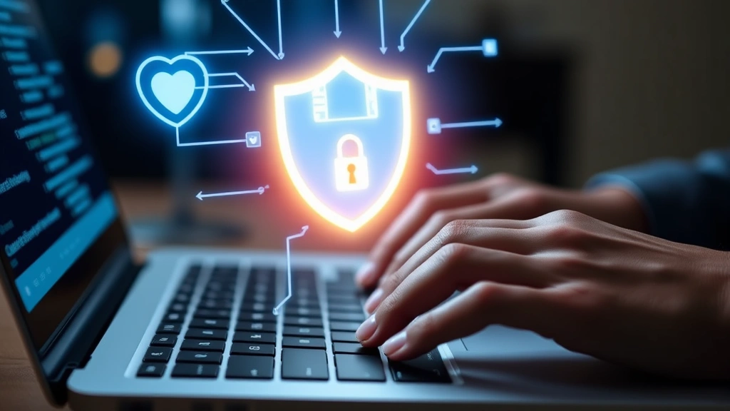 Close-up of person's hands typing on laptop keyboard with glowing padlock and shield security icons floating above screen in blue light, representing data protection