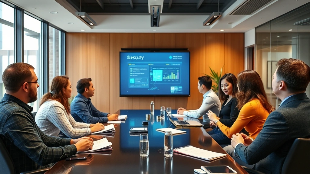 Diverse team of employees in training session with cybersecurity professional instructor presenting security concepts, engaged participants taking notes, corporate meeting room