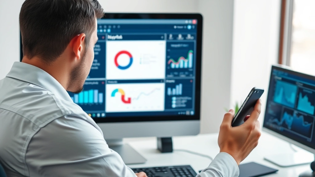Business professional reviewing security incident on desktop computer monitor showing dashboard analytics while holding mobile phone, symbolizing multi-device threat awareness and monitoring