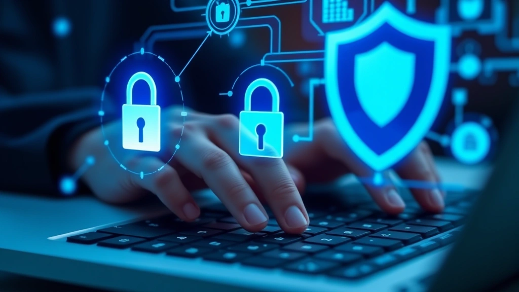 Close-up of hands typing on keyboard with digital lock icon and shield symbols floating in blue light, representing cybersecurity awareness and data protection