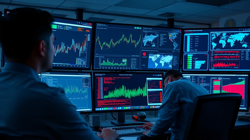 Professional cybersecurity analyst monitoring multiple security dashboards with network traffic visualizations and threat alerts on screens in a modern SOC environment