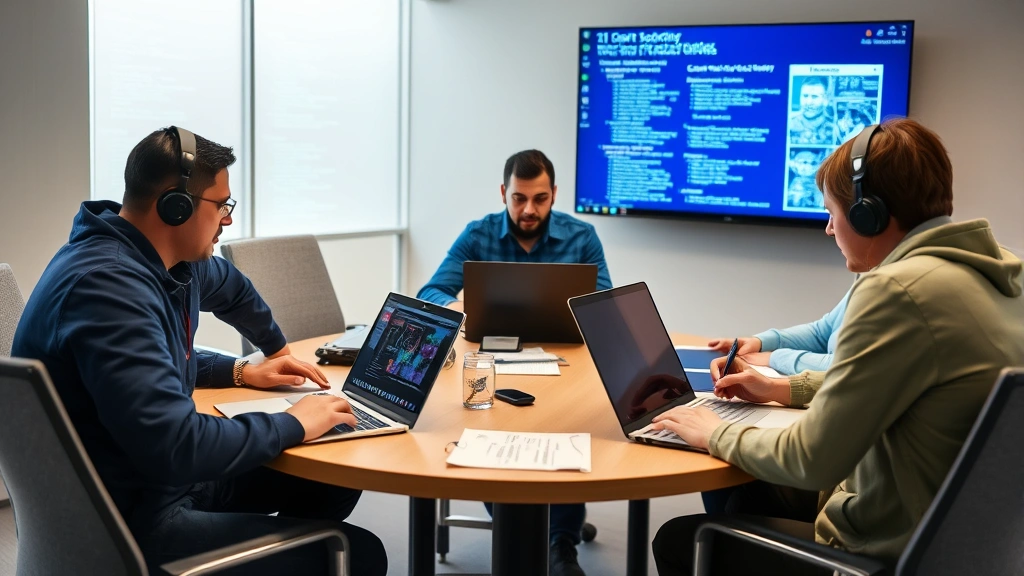 Cybersecurity team conducting incident response meeting with laptops and security documentation, showing collaborative threat detection and response procedures