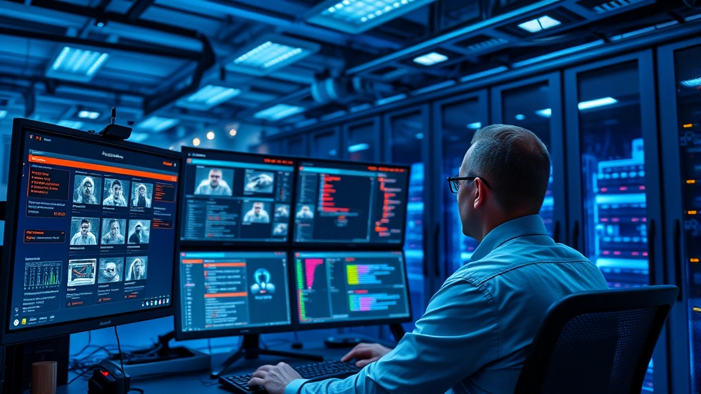Professional network security analyst monitoring multiple screens displaying security alerts and camera feeds in a modern data center with blue ambient lighting and cybersecurity equipment
