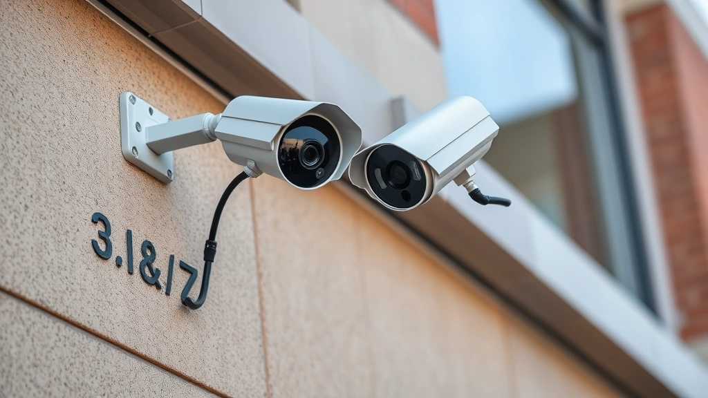 Security professional installing advanced surveillance camera equipment on commercial building exterior with focus on proper secure mounting and cable management techniques