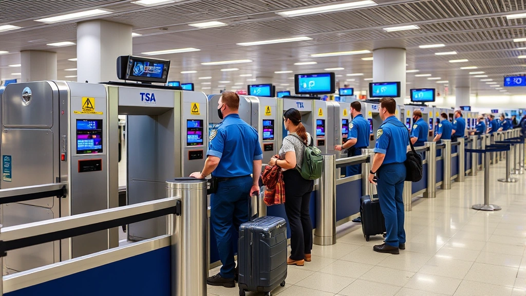Modern TSA security checkpoint with advanced baggage scanning equipment, metal detectors, and trained security officers in blue uniforms screening passengers at airport security area