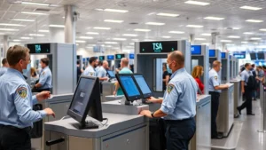Modern airport security checkpoint with TSA officers conducting passenger screening using advanced technology equipment, professional environment, blue and white color scheme, busy but organized setting, no visible faces or identifying information