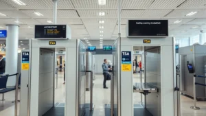 Close-up of TSA security checkpoint with advanced screening equipment and X-ray machines in modern airport terminal, professional lighting, no people visible, neutral background, photorealistic