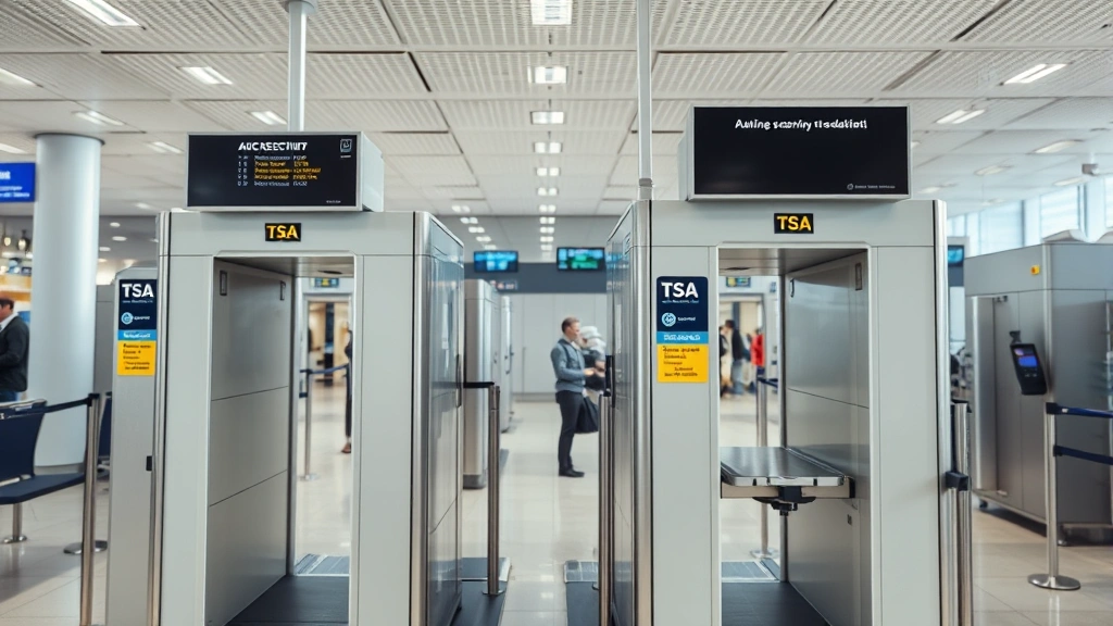 Close-up of TSA security checkpoint with advanced screening equipment and X-ray machines in modern airport terminal, professional lighting, no people visible, neutral background, photorealistic