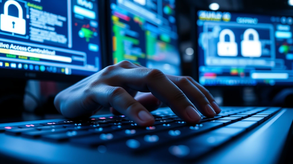 Close-up of security professional's hands on keyboard with glowing authentication prompts and access control interfaces on monitor screens, blue-tinted lighting, cybersecurity operations center setting