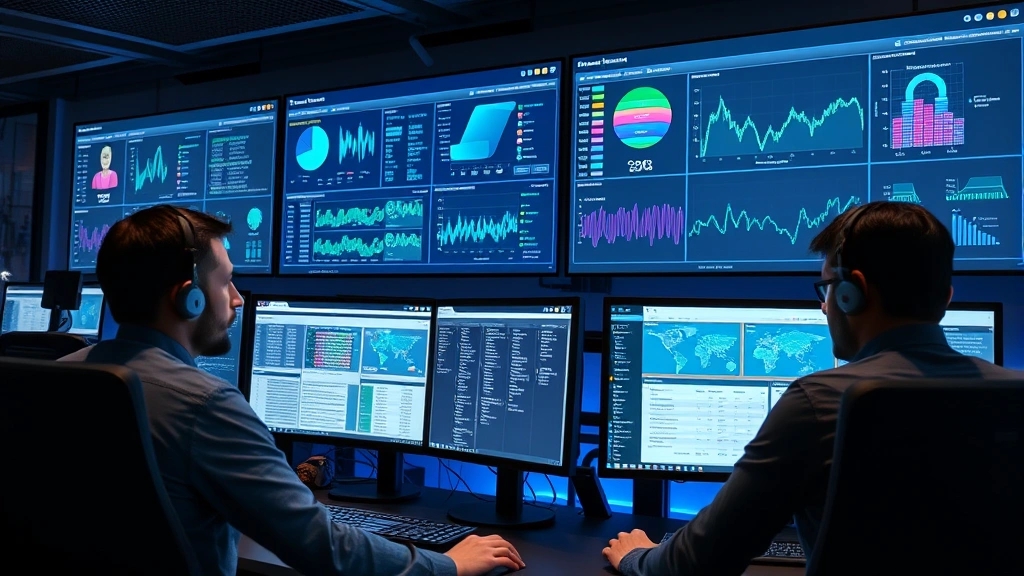 Multiple security analysts working at workstations monitoring real-time access logs and authentication dashboards, displaying graphs and user activity patterns, modern security operations center with ambient blue lighting