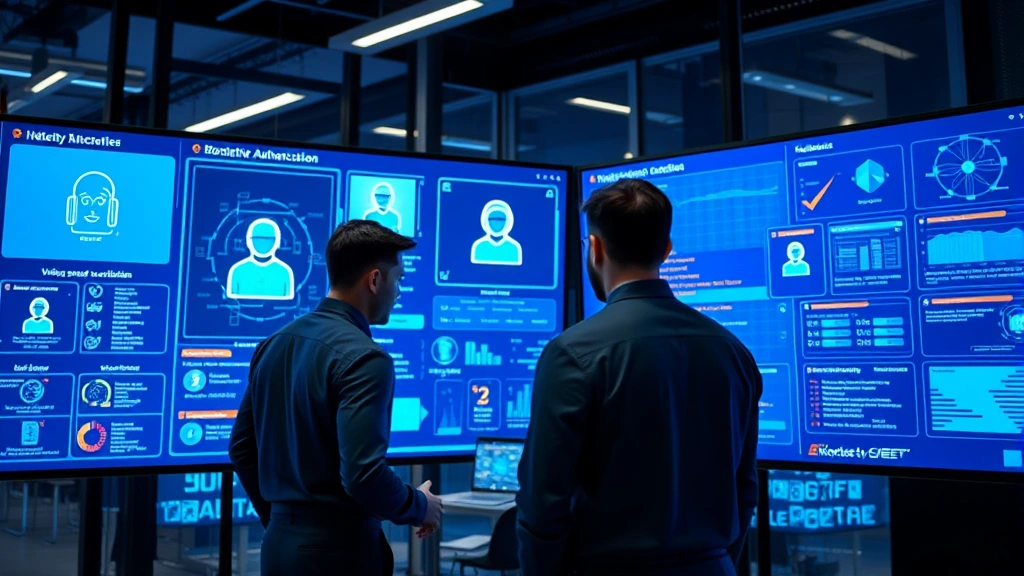 Cybersecurity team reviewing biometric and multi-factor authentication systems on large display screens, showing identity verification processes and access control dashboards, professional corporate security environment