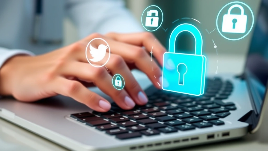 Close-up of healthcare worker hands on laptop keyboard with security icons and padlock symbols floating above, representing protection of patient health information and medical records