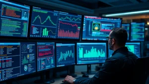 Cybersecurity analyst reviewing threat intelligence dashboard with real-time alerts and network monitoring data displayed on multiple high-resolution monitors in modern security operations center environment