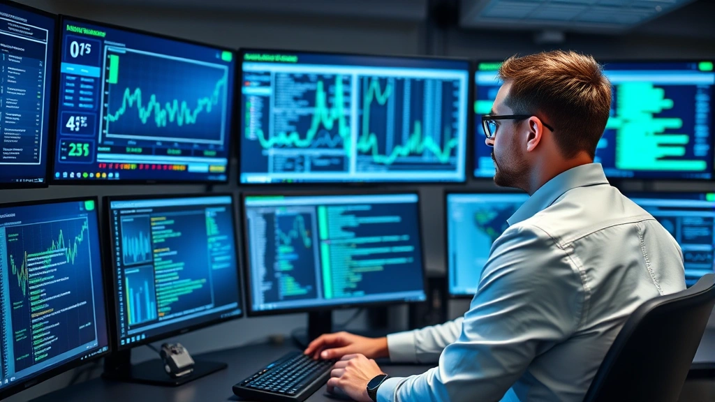 Professional cybersecurity analyst monitoring multiple digital screens displaying network traffic patterns and security alerts in a modern operations center with blue and green data visualizations