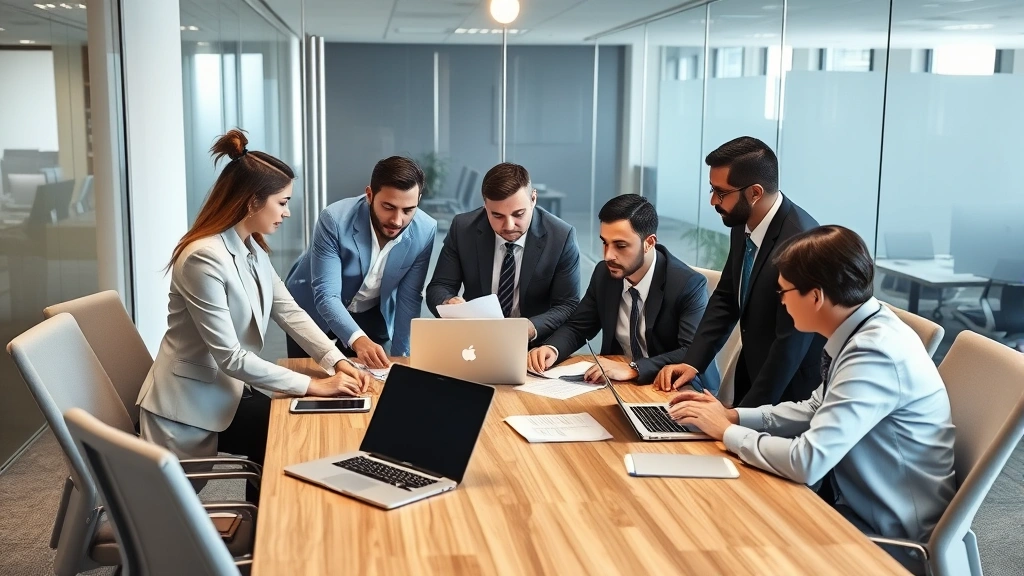 Team of security professionals in business attire collaborating around a conference table with laptops and documents, discussing incident response procedures in a corporate office environment